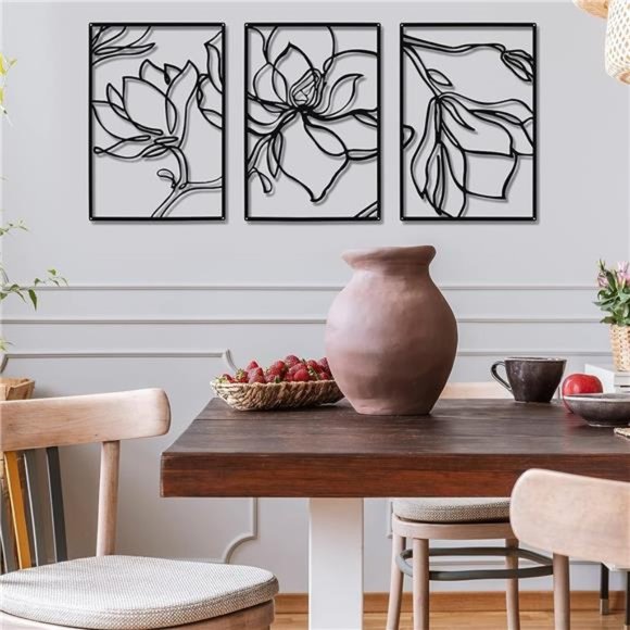 3Panels Metal Flowers WallDecor Modern Abstract Nature Floral Line WallSculpture - Picture 6 of 6